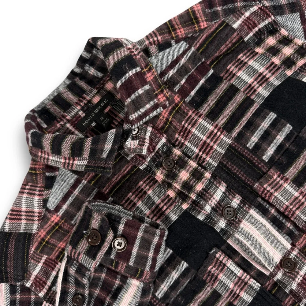 Banana Republic Shirt Mens M Black Plaid Patchwork Shacket Heavy Flannel